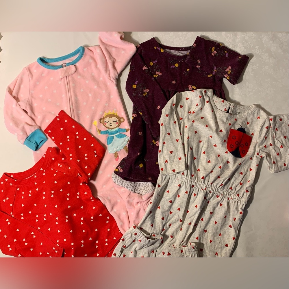 NWOT/EUC Bundle: Heart Shirt, Blanket Sleeper, Eggplant Dress, Heart Romper, 18m